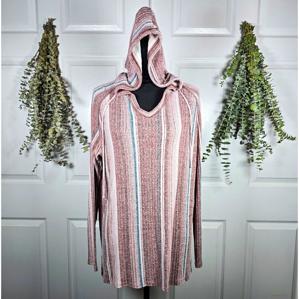 Above and Beyond Women's Plus 2X Striped V-Neck Hooded Pullover Top Lightweight